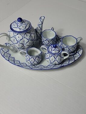 Blue and White Ceramic Tea Set - Hand-Painted Pattern